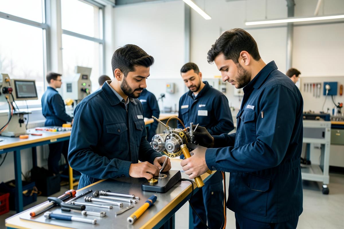 Vocational trainees learning mechatronics in a modern German workshop