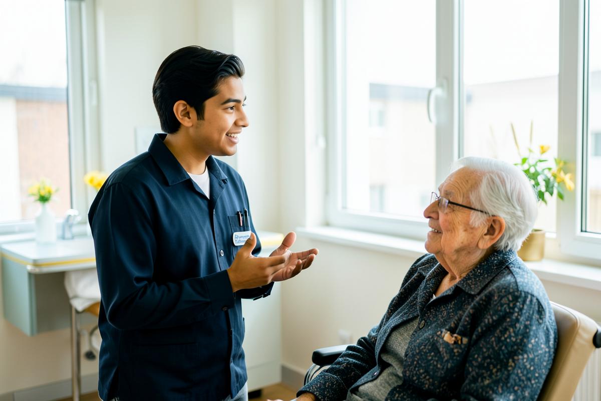 Young volunteer speaking with an elderly resident in a German care facility