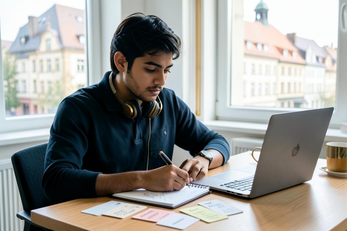 Student working through a German language study plan at a desk