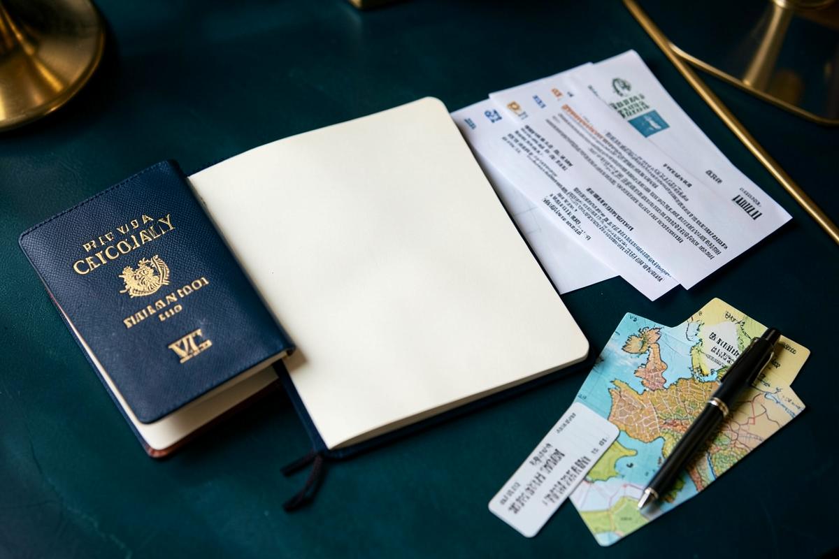 Travel documents, itinerary notebook and European map arranged for a visa application