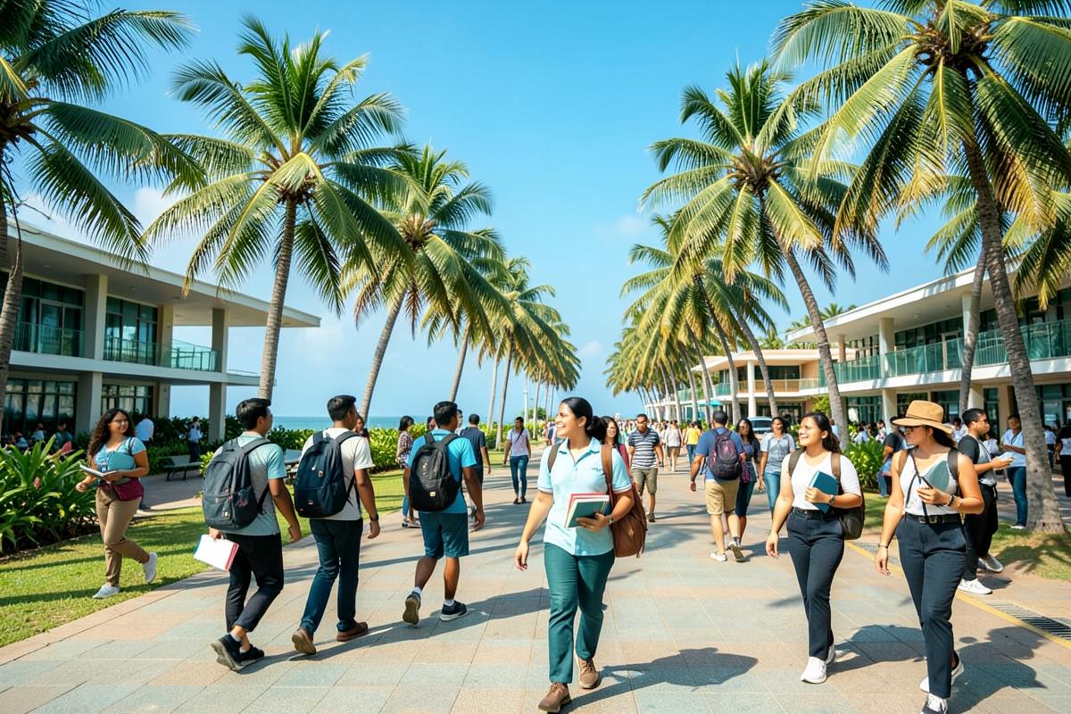International students walking through a tropical university campus in Mauritius