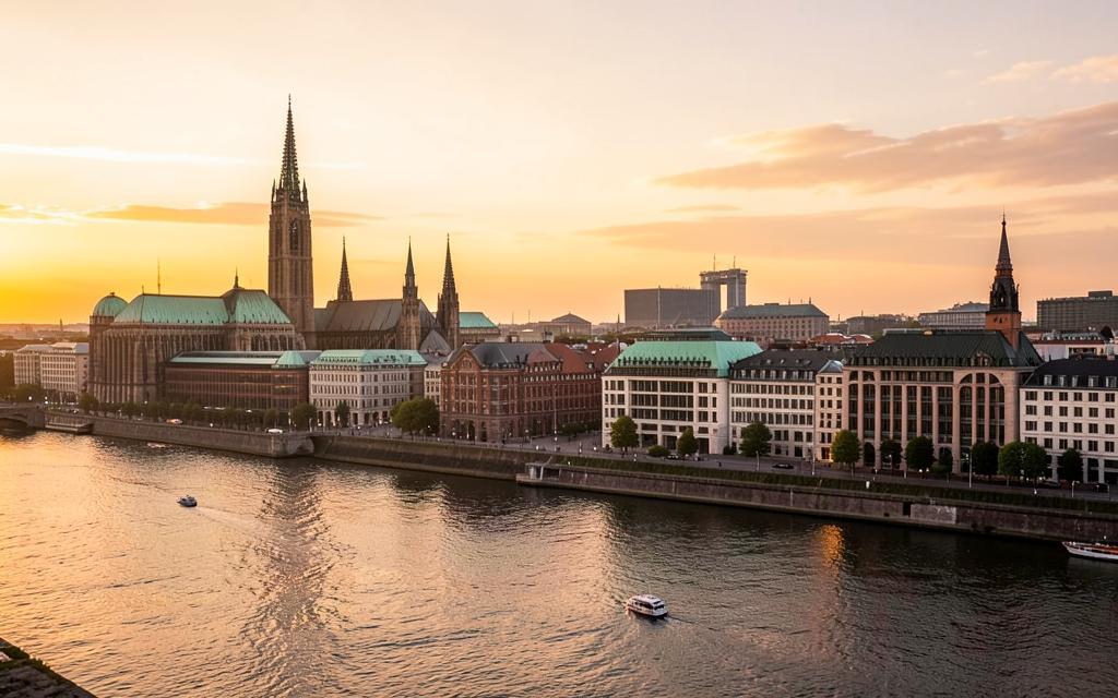 German city skyline along a river at golden hour