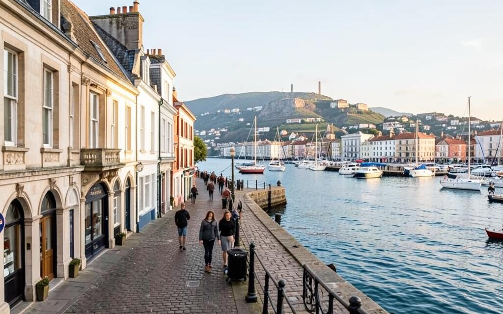European harbour town with historic street and moored boats