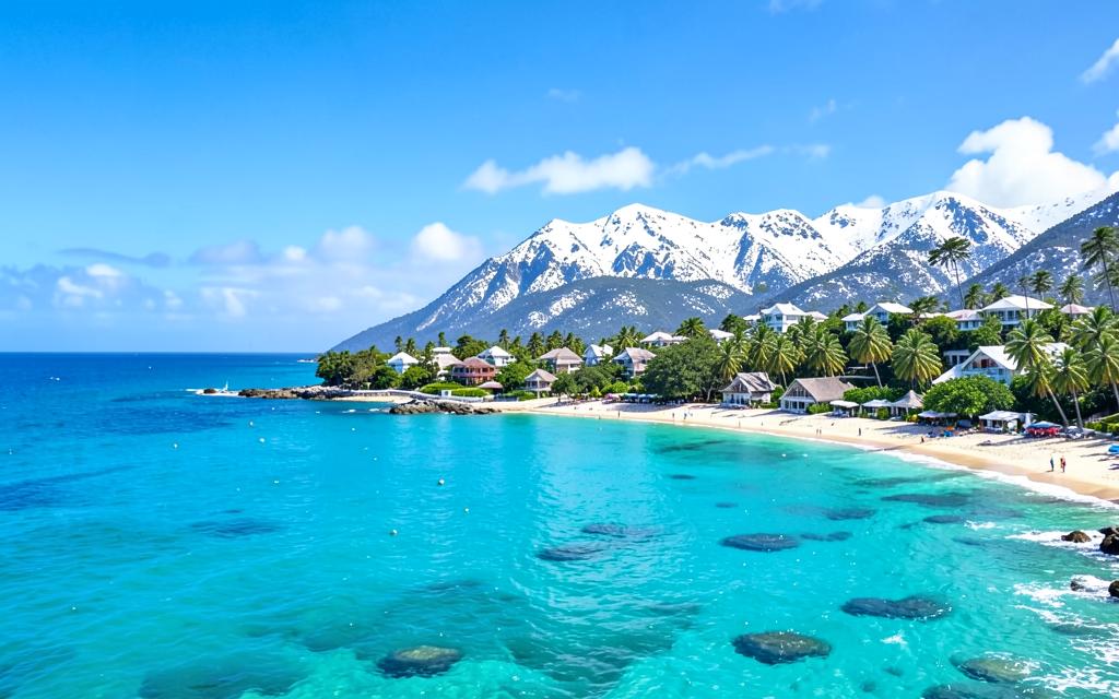 Island coastline with turquoise water and mountains beyond