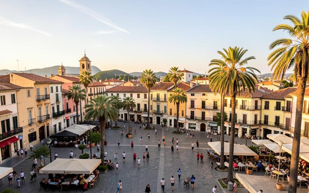 Sunlit European town square with palm trees and cafés