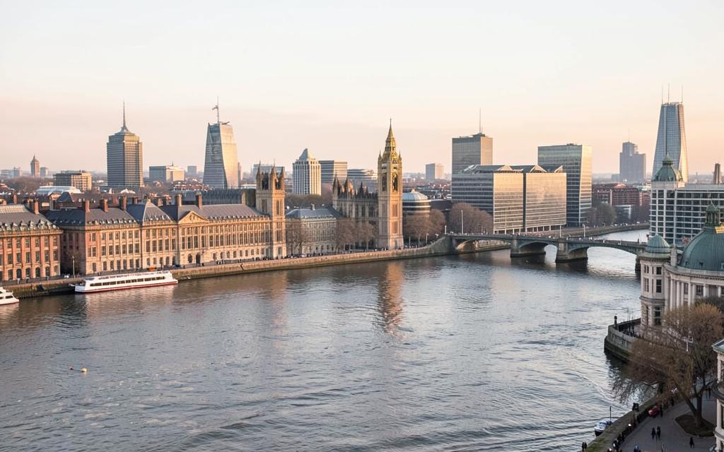London riverside skyline in soft morning light