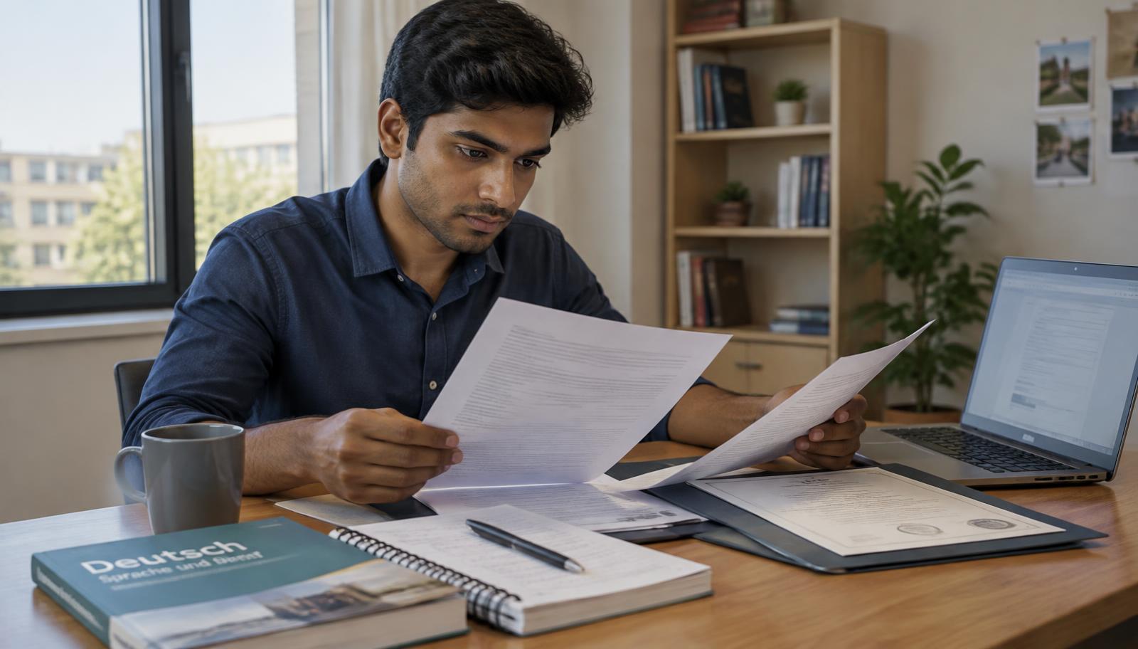An applicant in India reviewing German vocational-training contract and certificate documents at a desk