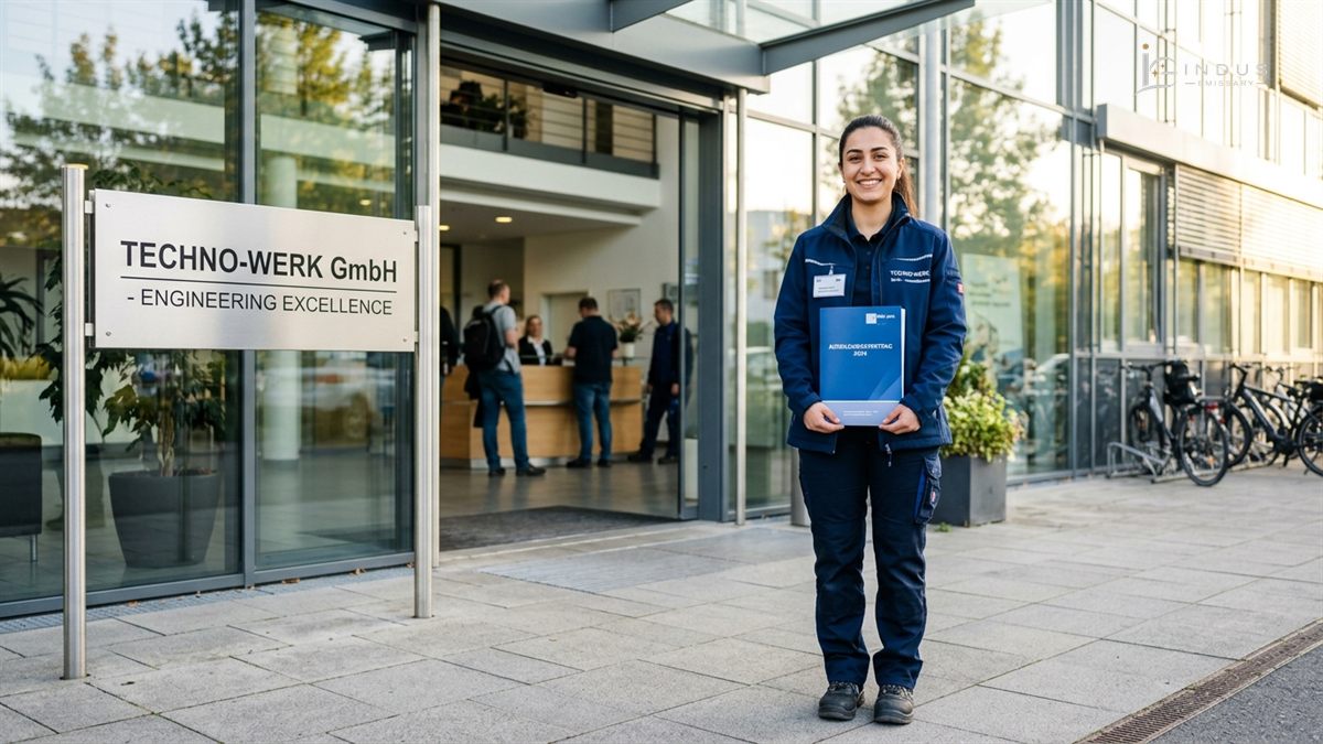 Internationale Auszubildende vor einem deutschen Ausbildungsbetrieb mit Vertrag