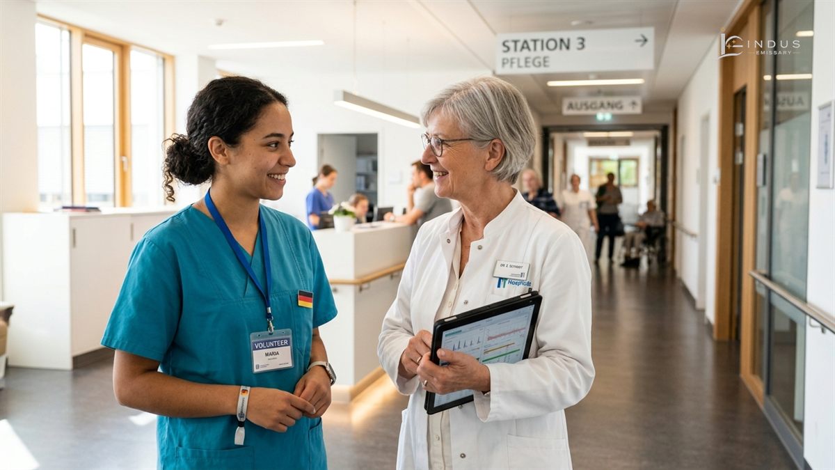Internationale Freiwillige im FSJ im Gespräch mit Stationsleitung in einer deutschen Klinik