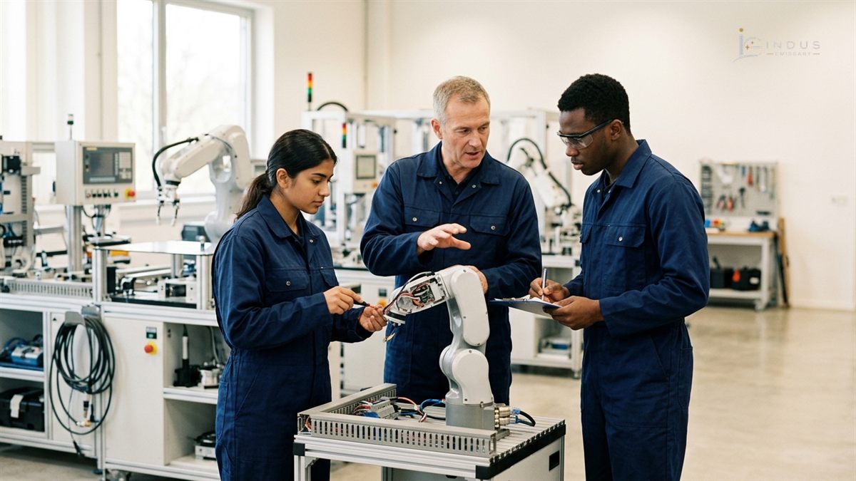 Internationale Auszubildende und ein deutscher Ausbilder arbeiten an einem modernen Roboterarm in einer technischen Ausbildungswerkstatt