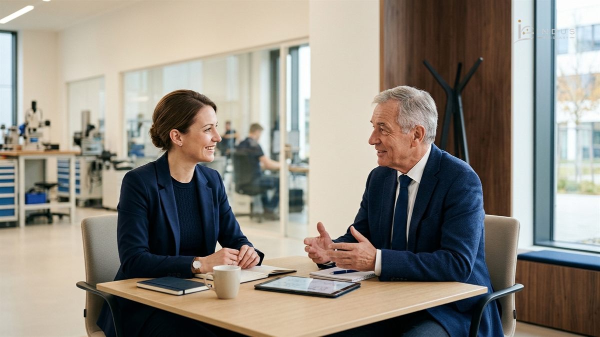 Senior German engineering mentor discussing dual vocational training contracts and career opportunities with a mature trainee in a modern technical training center