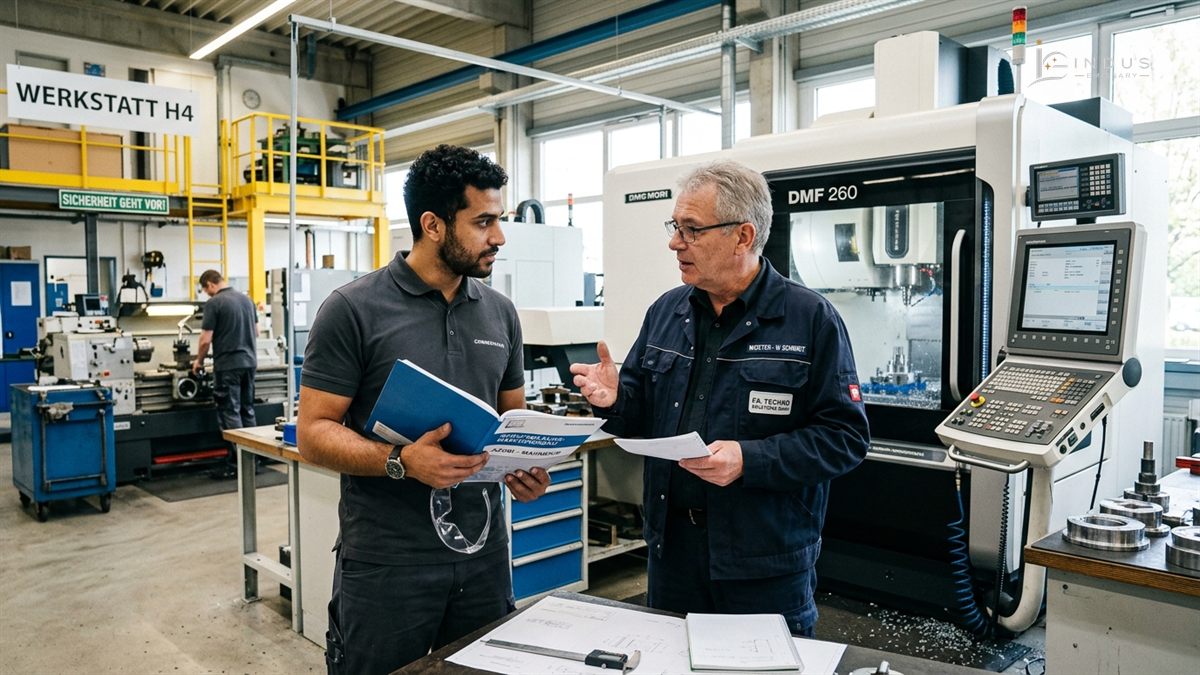 Mature international apprentice consulting master craftsman in German engineering facility after BFD