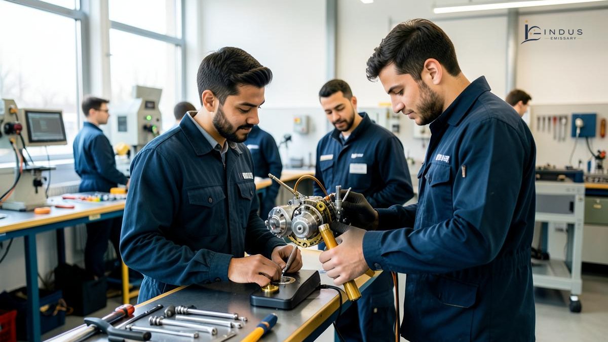 International student participating in practical dual study training at a German technology engineering firm