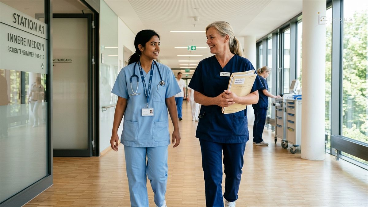 International healthcare apprentice walking in a German hospital corridor after completing an FSJ
