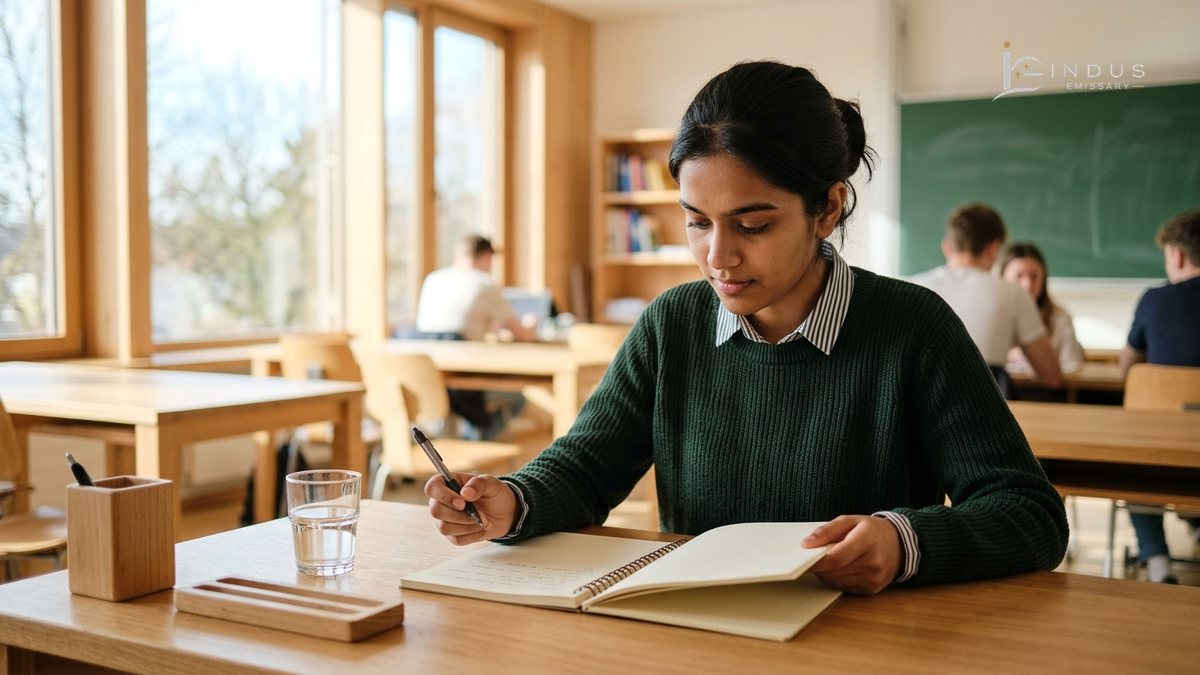 International student studying German language textbooks for vocational Ausbildung training