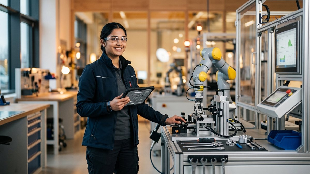 South Asian apprentice working with advanced robotics in a high-tech German vocational training workshop