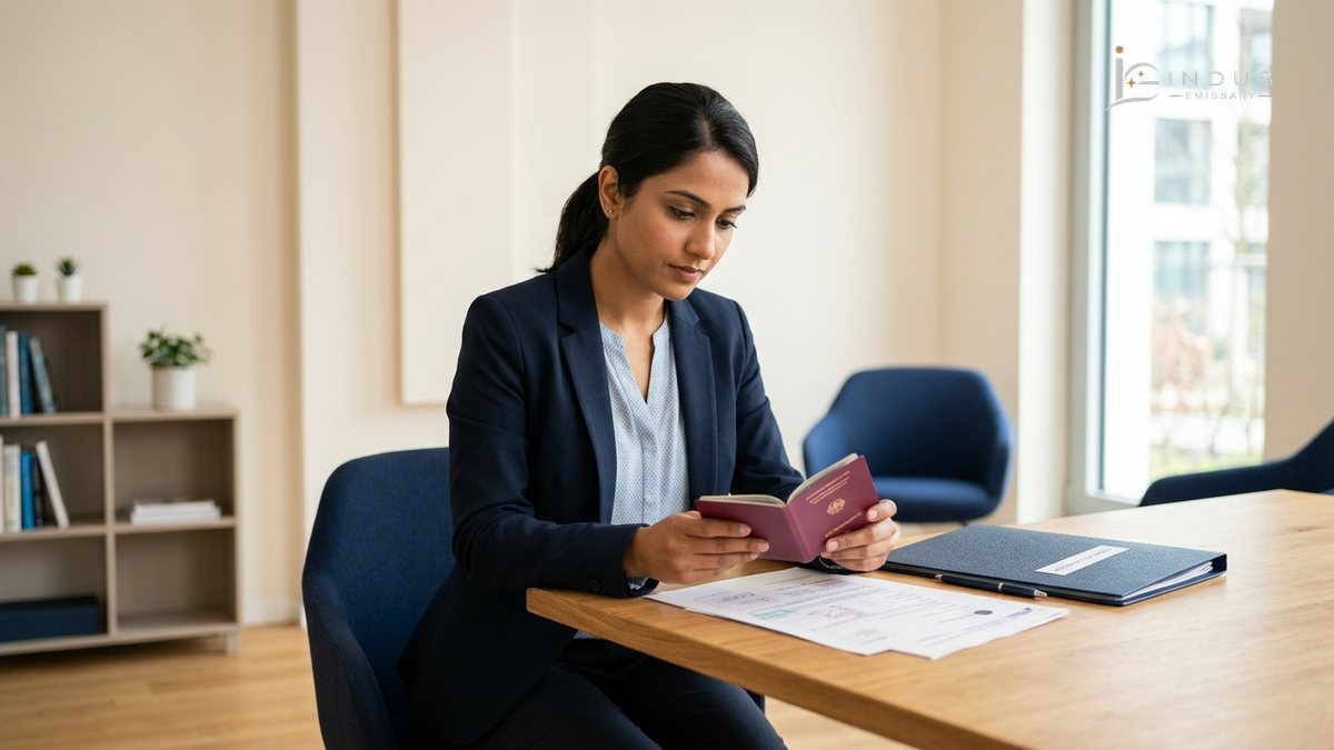 South Asian professional reviewing German visa documents and passport in a modern office