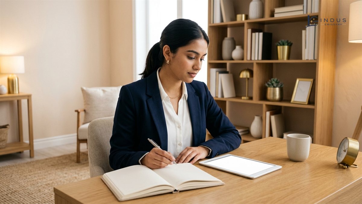 Indian candidate reviewing German vocational training documents and preparing Ausbildung application