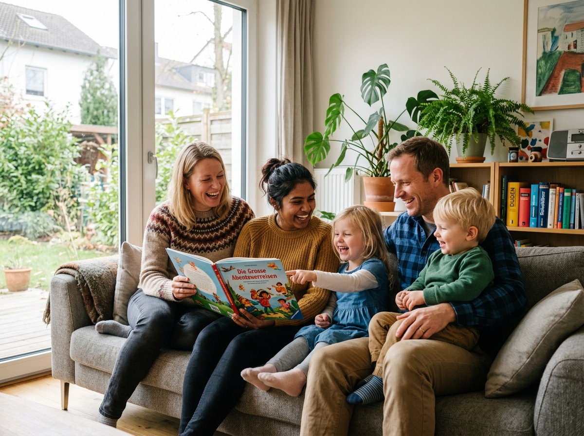 Deutsche Gastfamilie mit geprüftem Au-Pair bei der liebevollen Kinderbetreuung